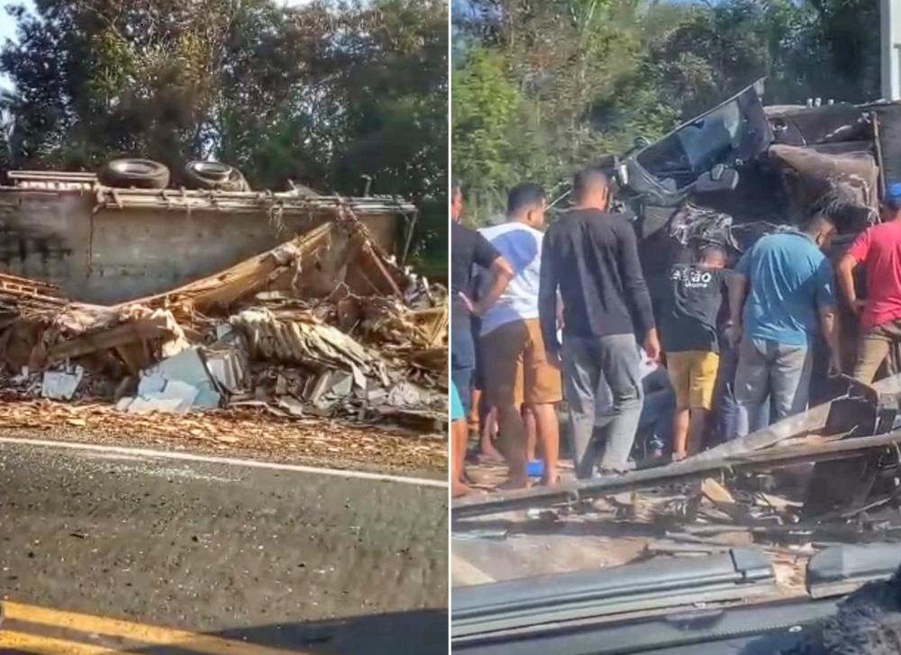 Caminhão carregado com cerâmica tomba em curva e deixa três pessoas mortas no Piauí