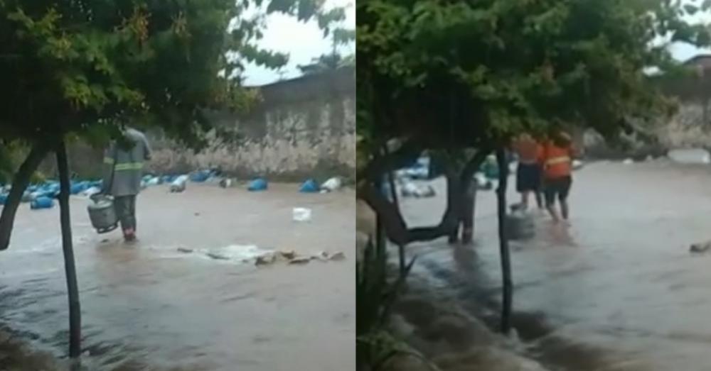 Botijões de gás são arrastados por água durante forte chuva no Norte do Piauí