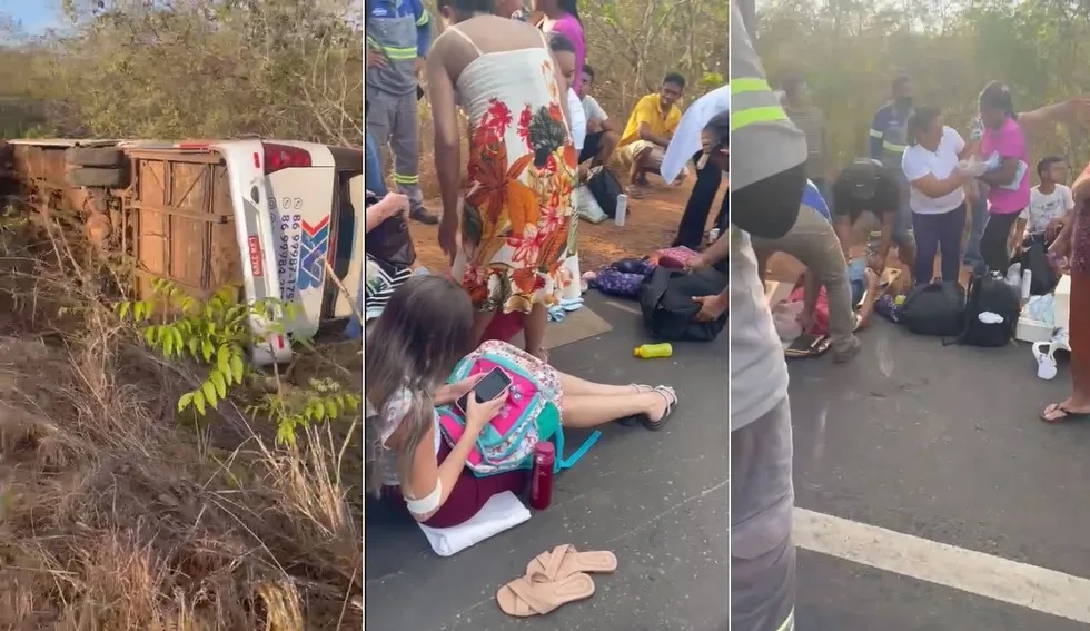 Ônibus levando pacientes de hemodiálise colide com carreta e tomba no Norte do Piauí