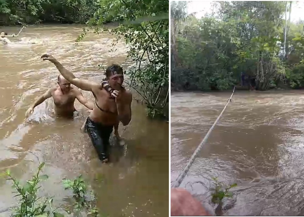Crianças atravessam rio amarradas e segurando em corda para ir à escola no Piauí: 