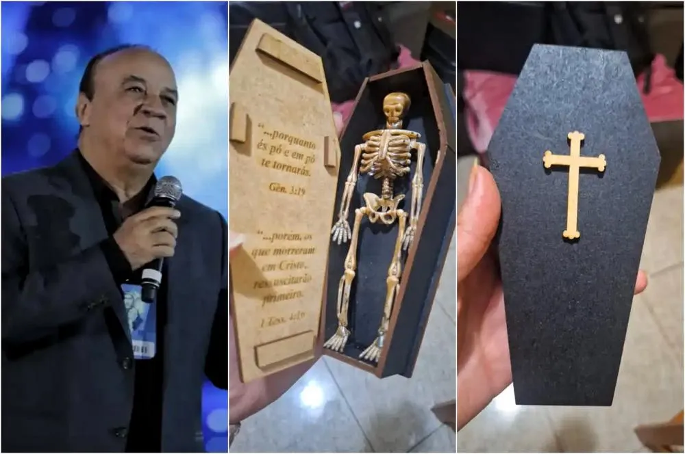 Após pregação “macabra”, líder da Quadrangular entrega caixão com caveira a pastores; vídeo!
