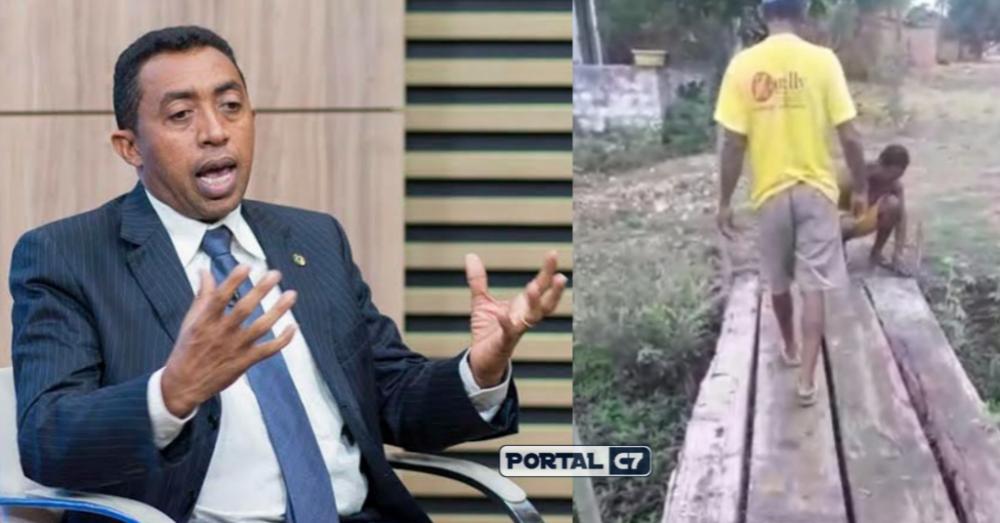Moradores amarram ponte de madeira com fios de telefone e reclamam do Prefeito de Floriano