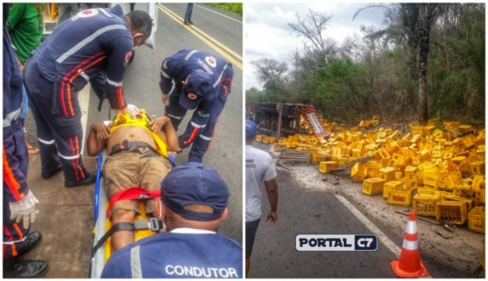 Carreta tomba em curva e deixa homem ferido na rodovia BR-316 em Monsenhor Gil