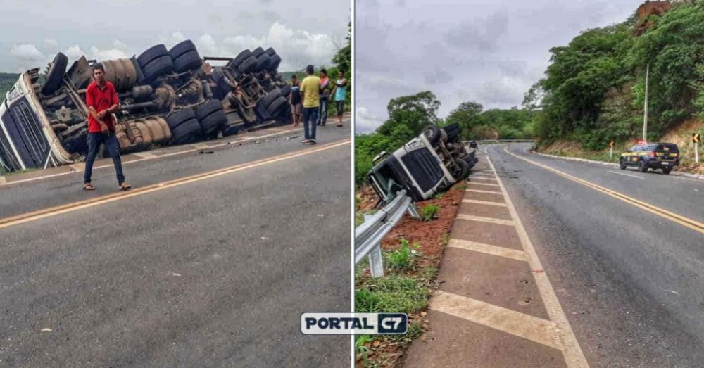 Carreta tomba em ladeira e deixa três pessoas feridas na BR-316 no Piauí