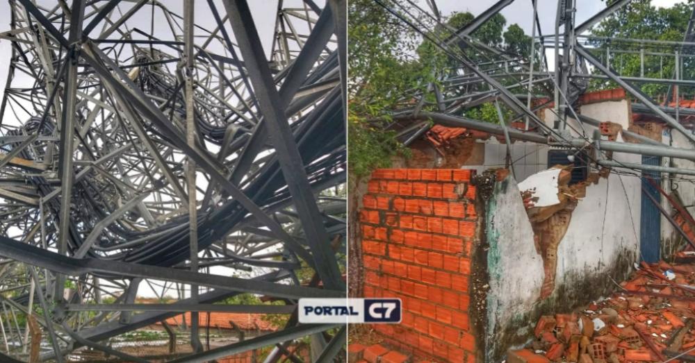 Chuva com ventos fortes derruba torre, destrói casas, árvores e rede elétrica em Palmeirais