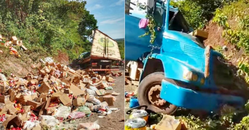Caminhão carregado com alimentos tomba após motorista perder controle em curva no Piauí