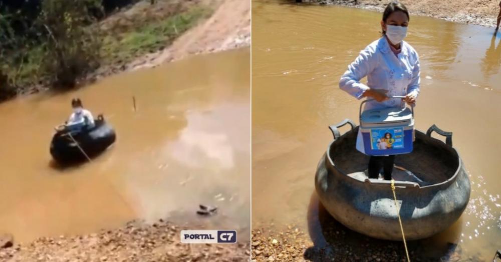 Técnica em enfermagem atravessa rio em cocheira de pneu para levar vacina contra Covid no Piauí
